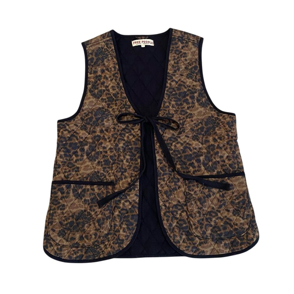Free People Boho Chic 100% Cotton Animal Print Front Tie Quilted Pocket Vest